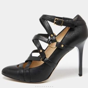 Jimmy Choo Black Leather Cross Strap Jazz Pumps size 37.5